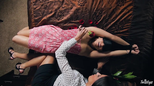 Unexpected lesbian surprise for blindfolded colleen