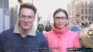 Adorable girl has sex with geek male and gets facialized