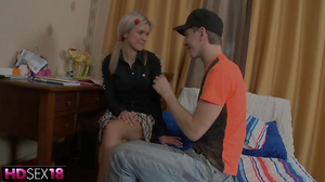 Blonde girl with big tits gets hardcore fucked on the bed