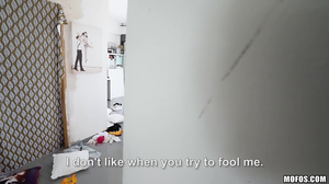 Latina with a ponytail gets wrecked on a big bed