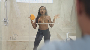 Curly black babe gets gaped by a thick white cock