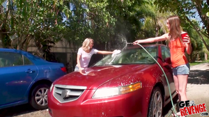 Two kinky whores are washing a car before a threesome